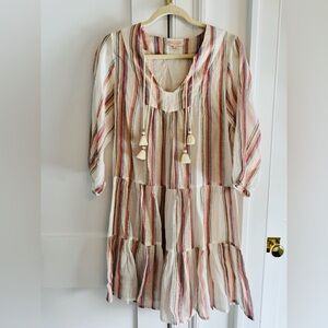 Pink Chicken cream dress with pink, blue and metallic stripes. Like new. Size s